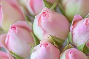 A delicate array of pink rose buds forms a soft, textured background. photo