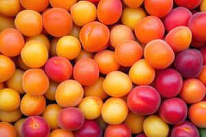 A vibrant collection of apricots forms a colorful and textured background. photo