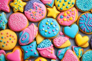 A colorful array of cookies creates a bright, fun background. photo