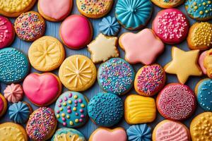 A colorful array of cookies creates a bright, fun background. photo