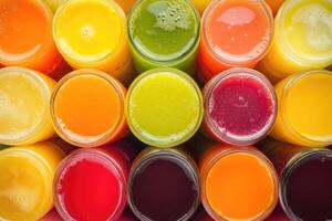 A vibrant array of colorful fruit juices creates a refreshing, dynamic background. photo
