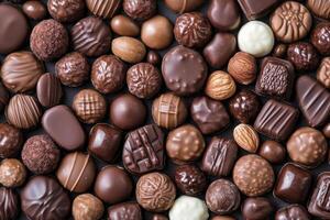 An assortment of chocolate candies creates a rich, indulgent background. photo