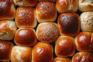 A selection of buns creates a warm, inviting background. photo
