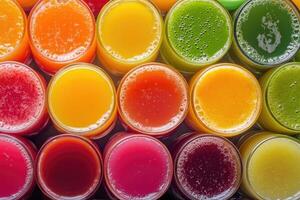A vibrant array of colorful fruit juices creates a refreshing, dynamic background. photo