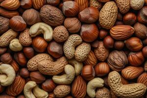 An array of nuts forms a rich, textured, and earthy background. photo