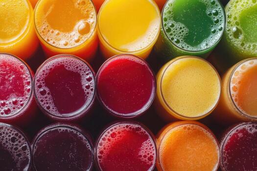 A vibrant array of colorful fruit juices creates a refreshing, dynamic background. photo
