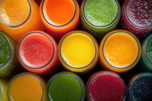 A vibrant array of colorful fruit juices creates a refreshing, dynamic background. photo
