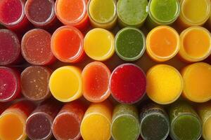 A vibrant array of colorful fruit juices creates a refreshing, dynamic background. photo
