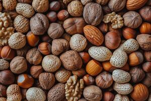 An array of nuts forms a rich, textured, and earthy background. photo