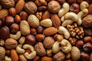 An array of nuts forms a rich, textured, and earthy background. photo