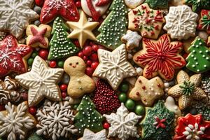 A festive assortment of Christmas cookies forms a colorful, cheerful background. photo