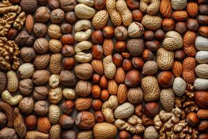 An array of nuts forms a rich, textured, and earthy background. photo