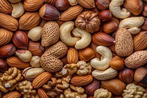 An array of nuts forms a rich, textured, and earthy background. photo