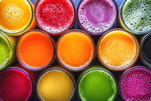 A vibrant array of colorful fruit juices creates a refreshing, dynamic background. photo