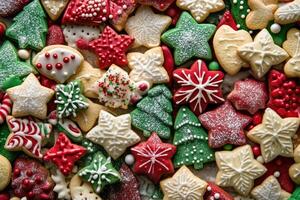 A festive assortment of Christmas cookies forms a colorful, cheerful background. photo