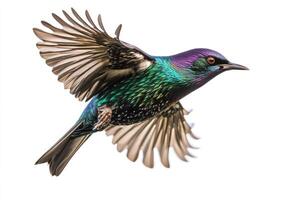 A starling mid-flight, iridescent feathers shimmering. photo