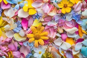 A vibrant array of wildflower petals creates a colorful, natural background. photo