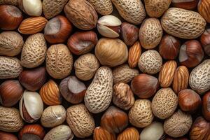 An array of nuts forms a rich, textured, and earthy background. photo