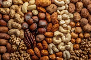 An array of nuts forms a rich, textured, and earthy background. photo