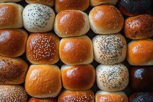 A selection of buns creates a warm, inviting background. photo