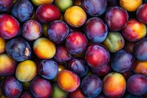 A vibrant array of plums creates a rich, colorful background. photo