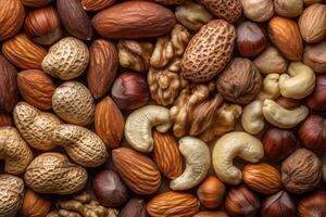 An array of nuts forms a rich, textured, and earthy background. photo