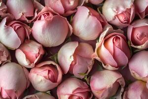 A delicate array of pink rose buds forms a soft, textured background. photo