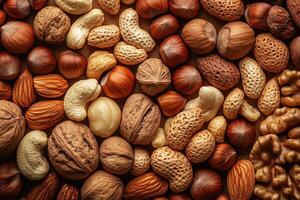 An array of nuts forms a rich, textured, and earthy background. photo