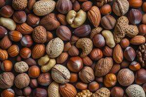 An array of nuts forms a rich, textured, and earthy background. photo