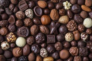 An assortment of chocolate candies creates a rich, indulgent background. photo