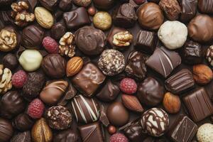 An assortment of chocolate candies creates a rich, indulgent background. photo