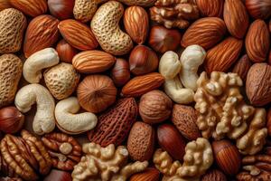An array of nuts forms a rich, textured, and earthy background. photo