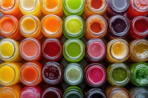 A vibrant array of colorful fruit juices creates a refreshing, dynamic background. photo