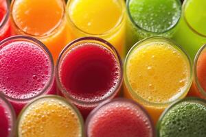 A vibrant array of colorful fruit juices creates a refreshing, dynamic background. photo
