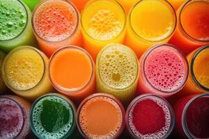 A vibrant array of colorful fruit juices creates a refreshing, dynamic background. photo