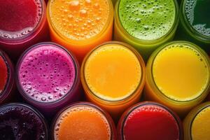 A vibrant array of colorful fruit juices creates a refreshing, dynamic background. photo