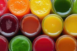 A vibrant array of colorful fruit juices creates a refreshing, dynamic background. photo