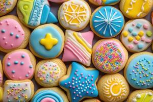 A colorful array of cookies creates a bright, fun background. photo