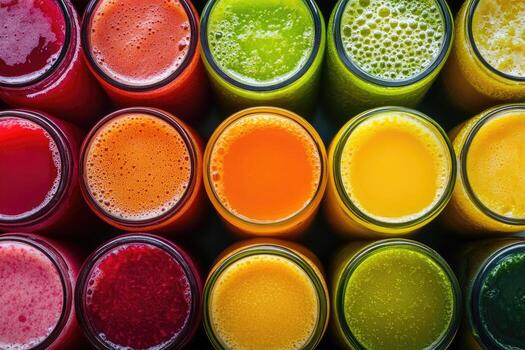 A vibrant array of colorful fruit juices creates a refreshing, dynamic background. photo
