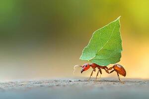 An ant in action, carrying a leaf fragment. photo