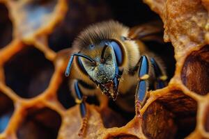 A honeybee working inside a hive. photo