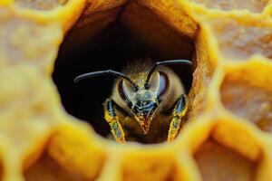 A honeybee working inside a hive. photo