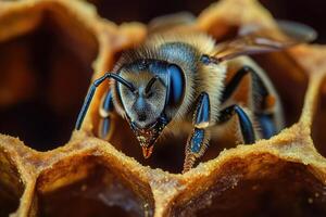 A honeybee working inside a hive. photo
