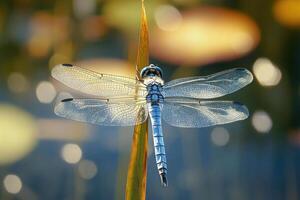 A dragonfly perched on a reed in a pond. photo