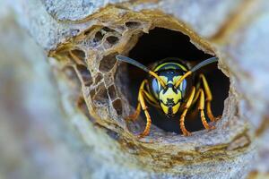 A wasp constructing its nest. photo