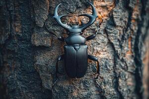 A stag beetle resting on a tree trunk. photo