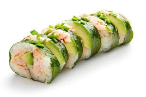 A crab roll with avocado slices. photo
