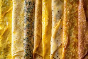 A rich array of French omelettes creates a savory, elegant background. photo