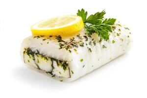 A mackerel roll with a lemon slice. photo