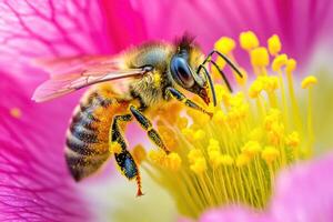 A bee gathering nectar from a flower. photo